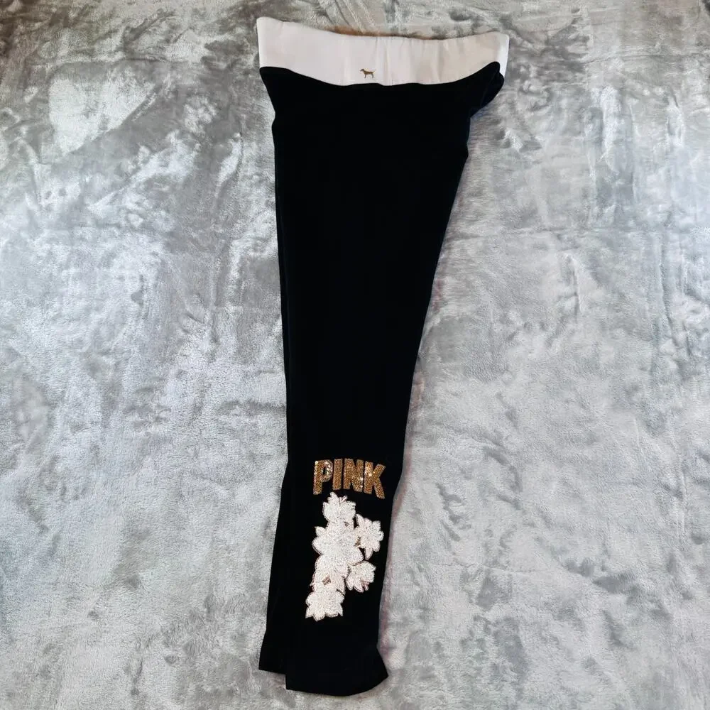 PINK Victoria's Secret Womens Size L Black Sequin Floral Yoga Leggings Foldover